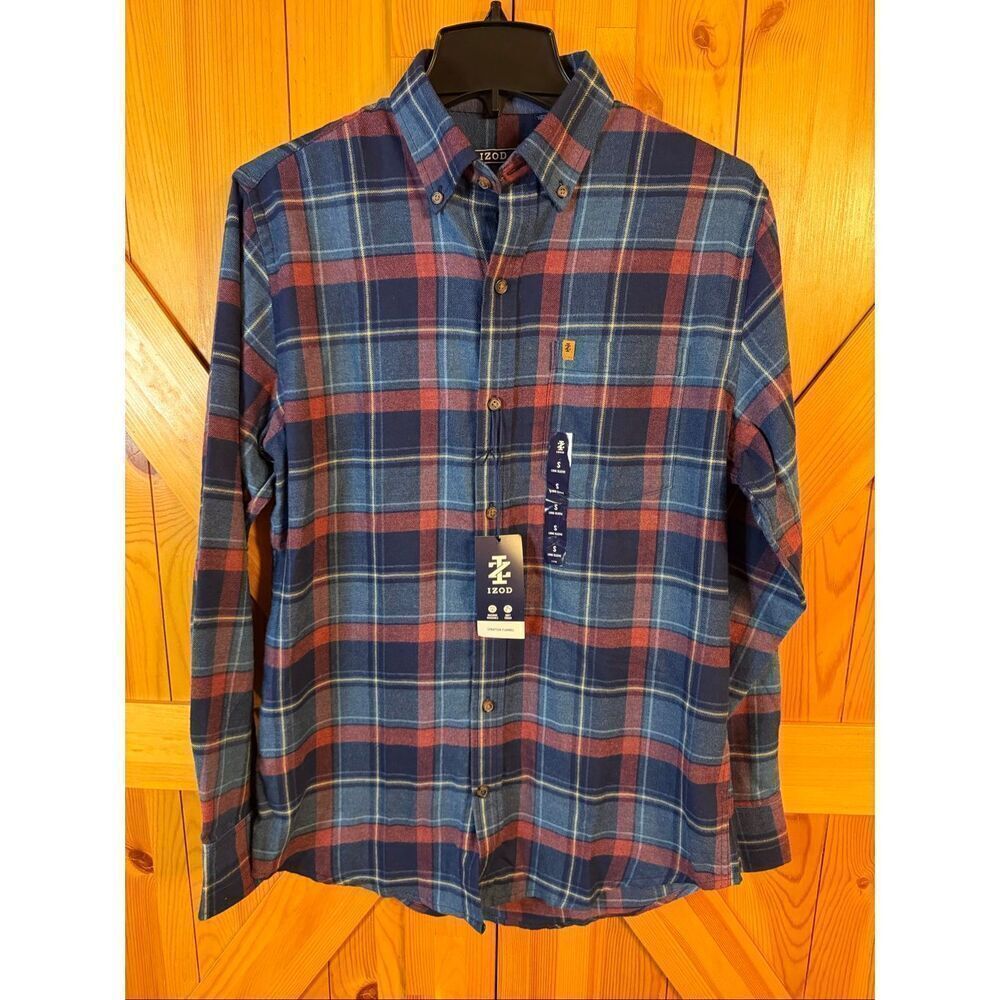 Izod Stratton Blue Plaid Flannel Long Sleeve Button Down Shirt Size Small (6384)